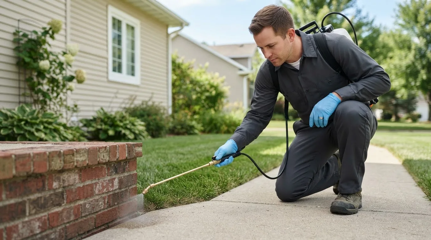 Pest control technician treating a home near Mountain Home, UT